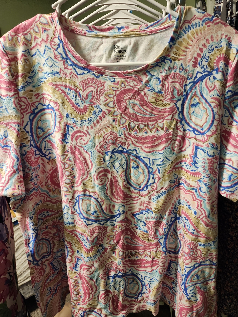Kim Rogers Cream Tee with Pink and Blue Paisley